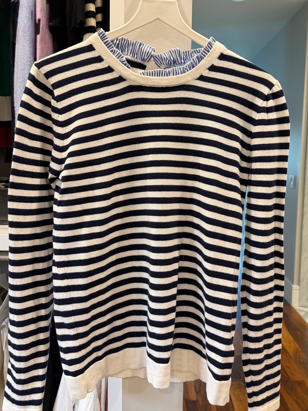 J. Crew Navy and White Striped Crewneck Sweater M